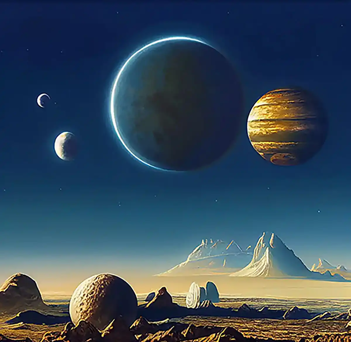 4 Moons – digital artwork of a 4 moon setting over a vast alien landscape on canvas, by Dennis R. Ling