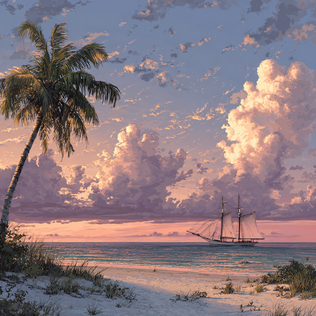 Sunset Cruise – digital artwork of schooner on canvas by Dennis R. Ling