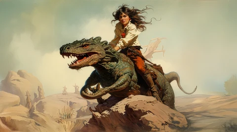Lady And Her Dino � digital wallpaper by Dennis R. Ling