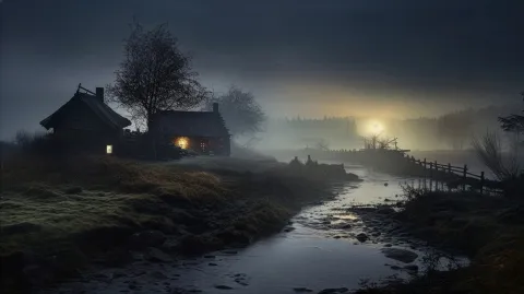 Cabin At Dusk � digital wallpaper by Dennis R. Ling
